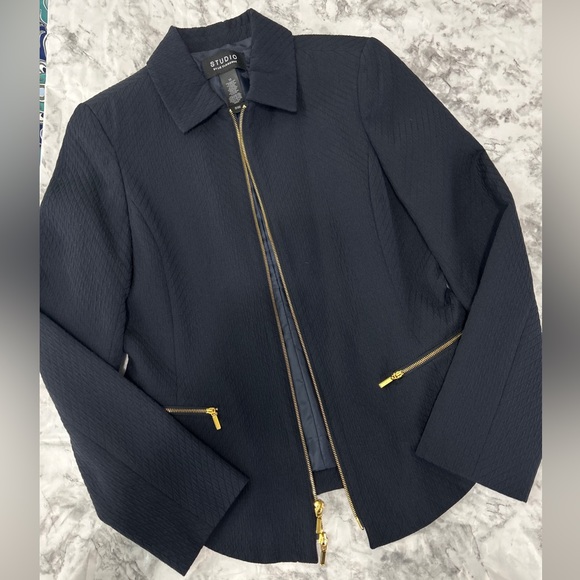 Studio Liz Claiborne Gold Tone Zip Up Blazer Suit Jacket Blue Textured Sz10 Used - Picture 1 of 6